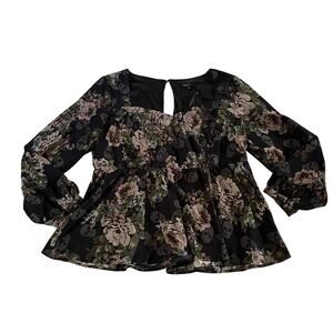 Torrid Black Floral Skull Baby Doll Long Sleeve Blouse Sz 2X Whimsigoth Grunge